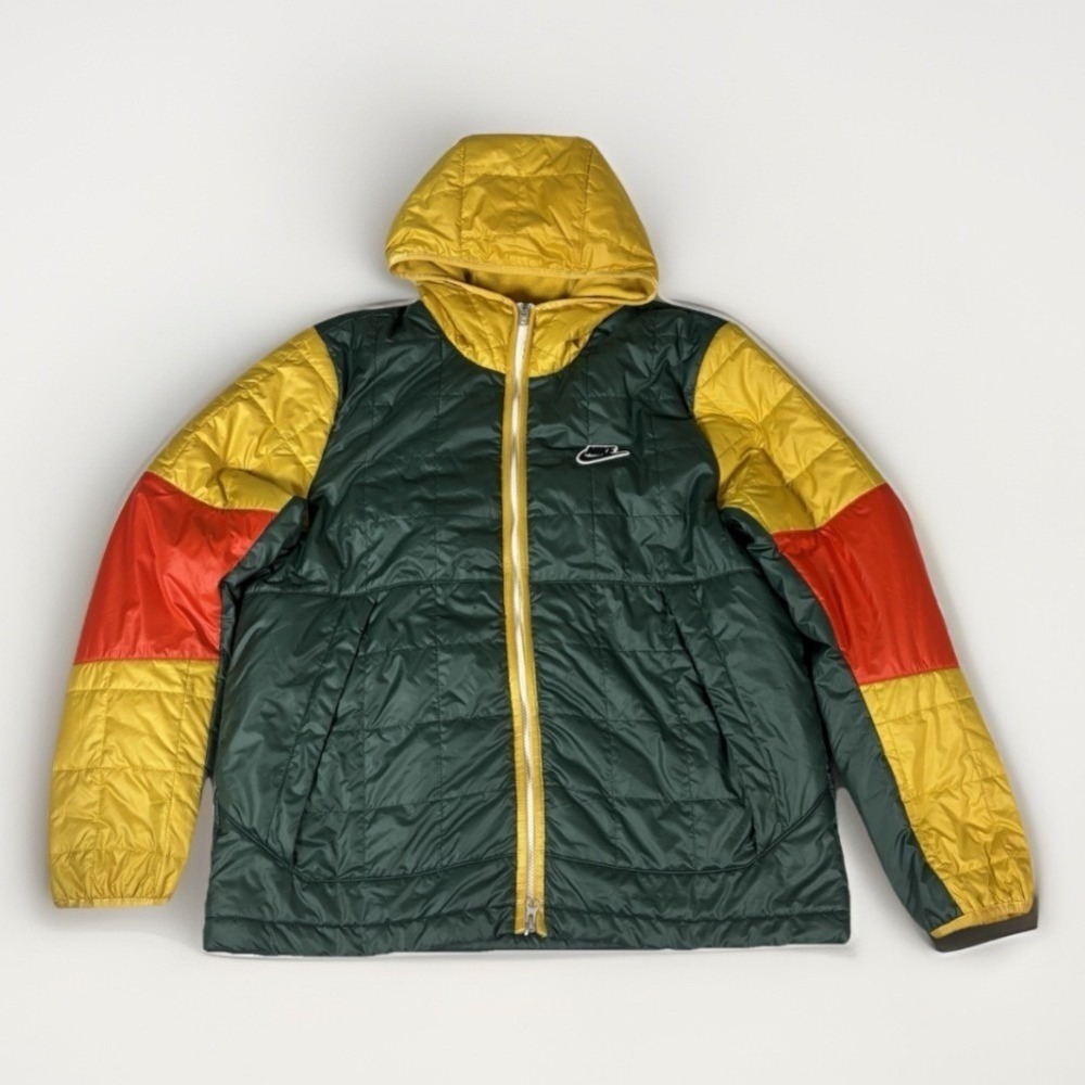 Nike Puffer Jacket Mens Large Green Yellow Red Therma-FIT Repel Hooded Gorpcore